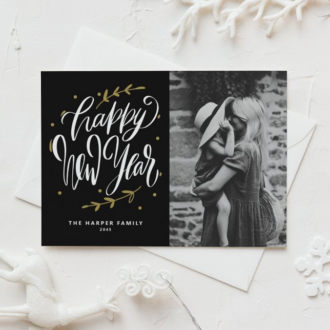 Postal Festiva Black Calligraphy and Wreath New Year Photo (Customizable photo Happy New Year postcard featuring modern calligraphy and wreath.)