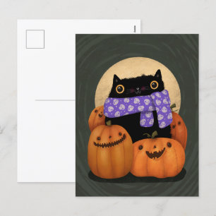Postal Festiva Black Cat Fall Season Happy Halloween