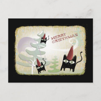 Postal Festiva Black cat nevado viento de árbol de diciembre post