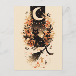 Postal Festiva Black Cat on Witch’s Broom Under the Moon