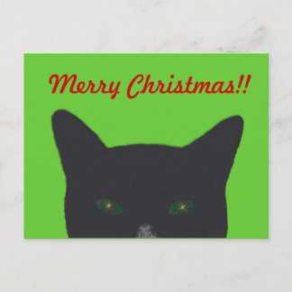Postal Festiva Black cat with green, red  "Merry Christmas"