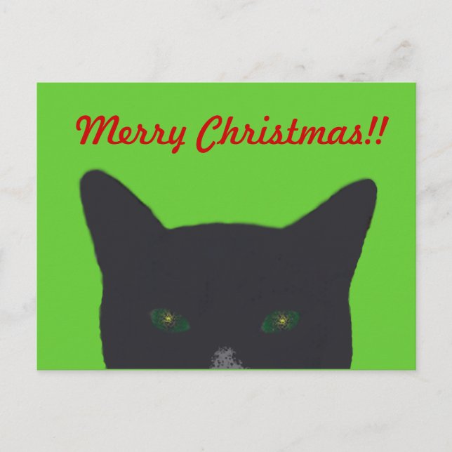 Postal Festiva Black cat with green, red  "Merry Christmas" (Anverso)