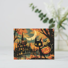 Postal Festiva Black Cat with Pumpkin Bucket by the Castle