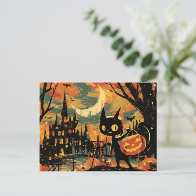Postal Festiva Black Cat with Pumpkin Bucket by the Castle (Anverso de pie)