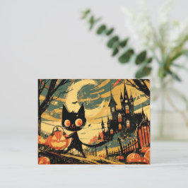 Postal Festiva Black Cat with Pumpkin Bucket by the Castle