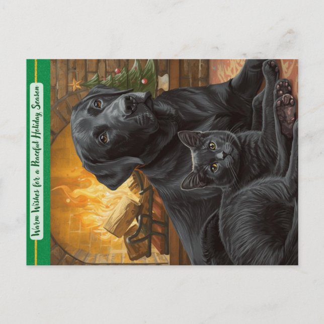 Postal Festiva Black Dog Cat Warm Wishes Holiday Postcard (Anverso)