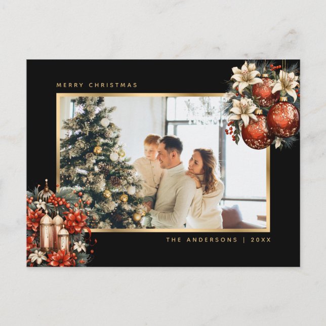 Postal Festiva Black Gold Ornaments Botanical Photo Christmas (Anverso)