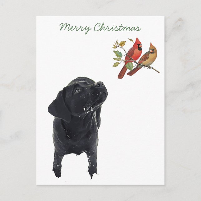 Postal Festiva Black Lab Merry Christmas Cute Dog Birds Labrador (Anverso)