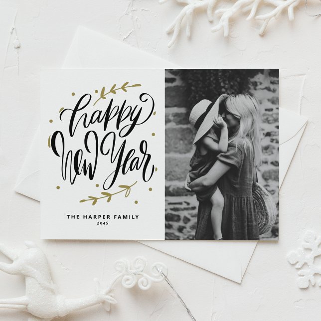 Postal Festiva Black Modern Calligraphy Photo Happy New Year (Send New Year greetings with this customizable photo Happy New Year postcard.)