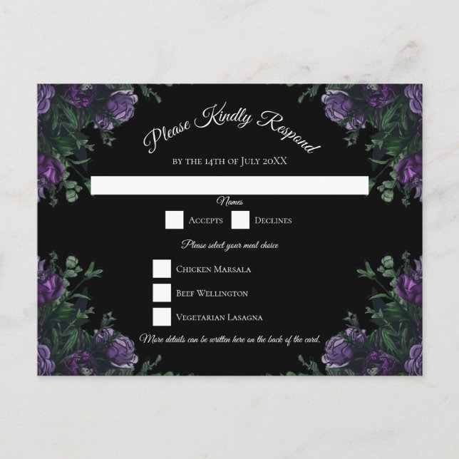 Postal Festiva Black Purple Floral Elegant Wedding Gótico (Anverso)