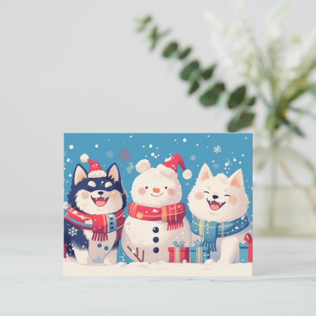 Postal Festiva Black Shiba Inu and Samoyed dog with Snowman (Anverso de pie)