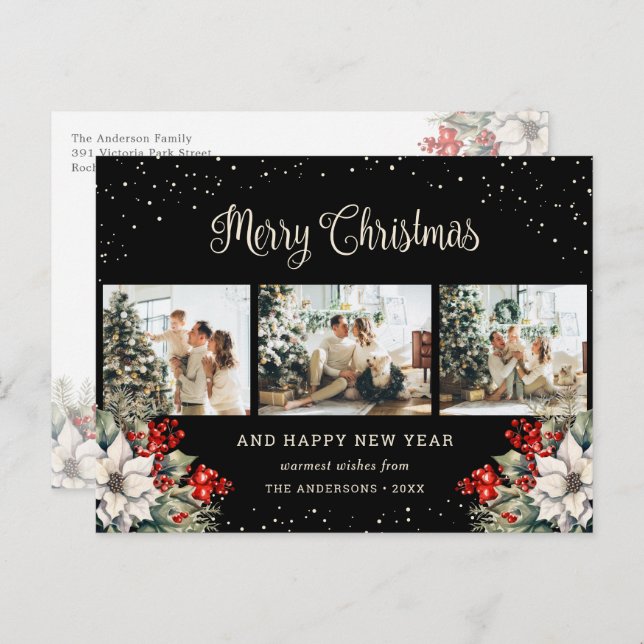 Postal Festiva Black Watercolor Botanical Snow Photo Collage (Anverso / Reverso)