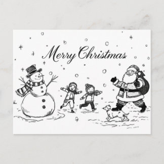 Postal Festiva Black & White Christmas Postcard – Snowman, Santa 