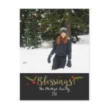 Blessings Black Gold & Red Christmas Holiday Photo