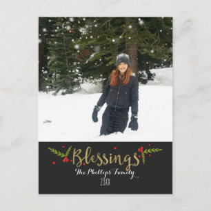 Postal Festiva Blessings Black Gold & Red Christmas Holiday Photo