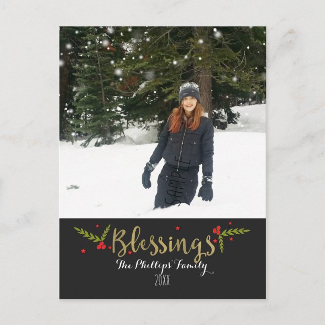 Postal Festiva Blessings Black Gold & Red Christmas Holiday Photo (Anverso)