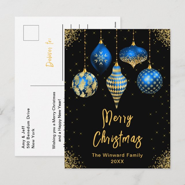 Postal Festiva Blue and Gold Ornaments Merry Christmas (Anverso / Reverso)