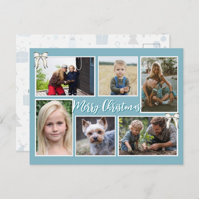 Postal Festiva Blue Christmas Six Photos Message Postcard (Anverso / Reverso)