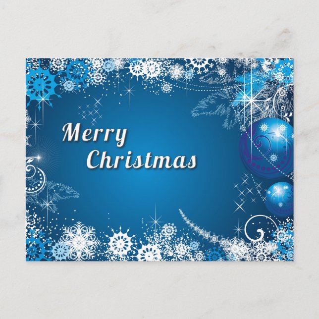 Postal Festiva Blue Elegant Stars Balls Tree Merry Christmas (Anverso)