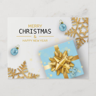 Postal Festiva Blue Gift Box Gold Snowflakes Navidades Balls