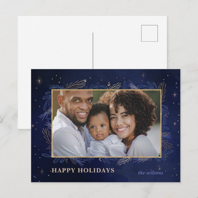 Postal Festiva Blue Gold Botanical Photo Holiday PostCard (Anverso / Reverso)