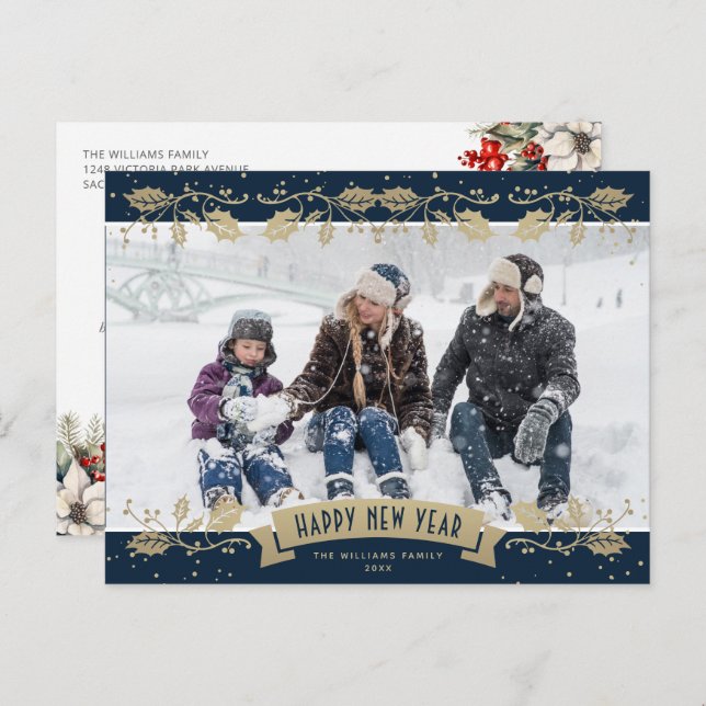 Postal Festiva Blue Gold Holly Berries Photo Happy New Year (Anverso / Reverso)