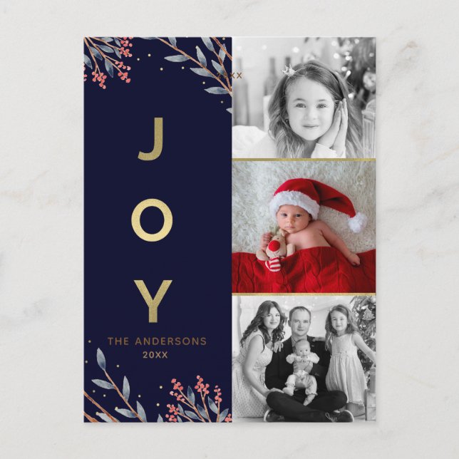 Postal Festiva Blue & Gold JOY 3 Tres Navidades de vacaciones fot (Anverso)