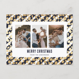 Postal Festiva Blue Gold Stars 3 Photo Merry Christmas