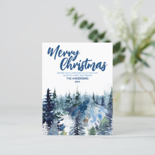 Postal Festiva Blue Merry xmas Tree bosque Reindeer Holiday