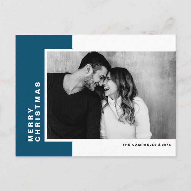 Postal Festiva Blue Modern Color Block Photo Merry Christmas (Anverso)