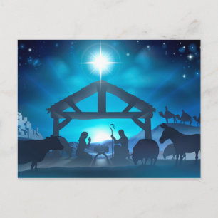 Postal Festiva Blue Nativity Christmas Postcard
