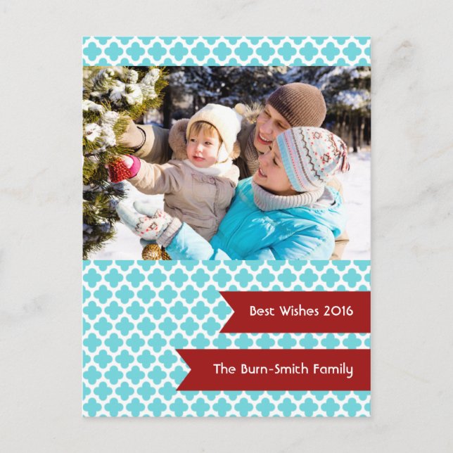 Postal Festiva Blue Quatrefoil Photo Holiday (Anverso)