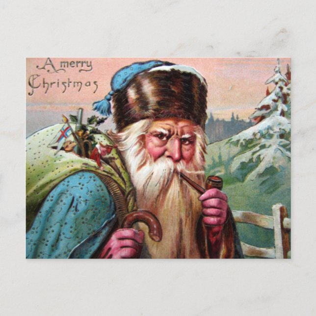 Postal Festiva Blue Robe Santa Claus Smope Pipe - Navidades (Anverso)