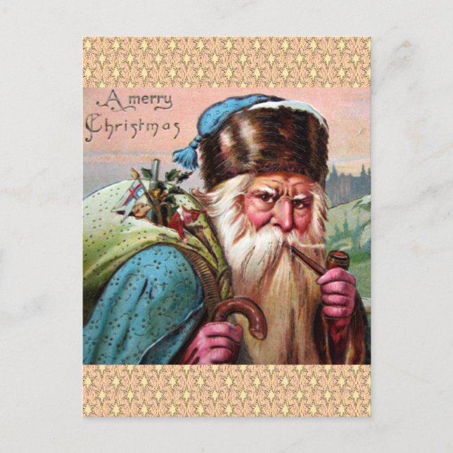 Postal Festiva Blue Robe Santa Claus Smope Pipe - Navidades (Anverso)