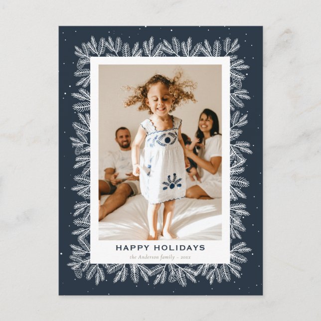 Postal Festiva Blue Rustic Pine Snow Photo Happy Holiday (Anverso)