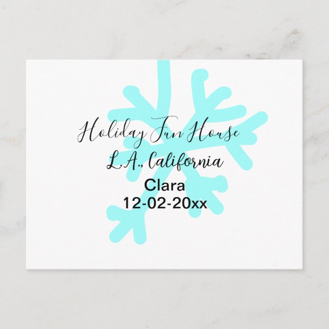 Postal Festiva Blue snowflakes holiday camping house place date (Anverso)