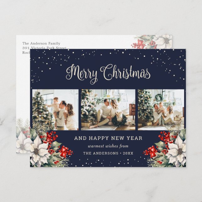 Postal Festiva Blue Watercolor Botanical Snow Photo Collage (Anverso / Reverso)