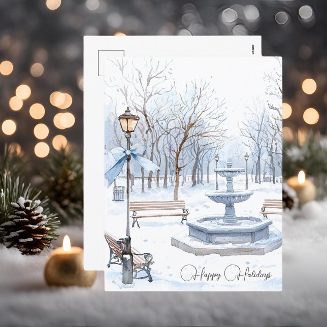 Postal Festiva Blue Watercolor Winter Scene Happy Holidays (Subido por el creador)