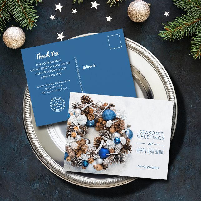 Postal Festiva Blue White Pine Wreath Business (Blue White Pine Wreath Business Holiday Greeting Christmas Postcards)