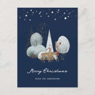 Postal Festiva Blue Winter Sceners Stars Forest Deer Navidades