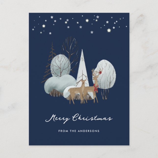 Postal Festiva Blue Winter Sceners Stars Forest Deer Navidades (Anverso)