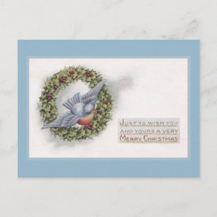 Postal Festiva Bluebird y Holly Wreath Vintage Christmas