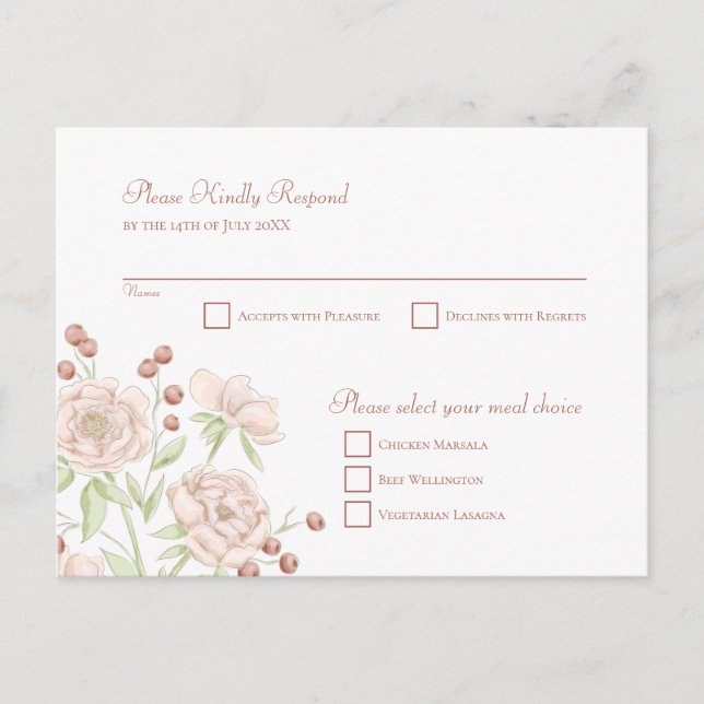 Postal Festiva Blush Pink Rose Wedding RSVP Modern Reply (Anverso)