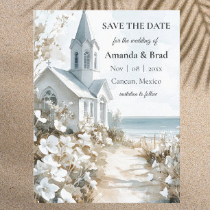 Postal Festiva Boda de Destino en la Playa con Acuarela Save the 