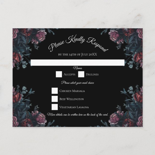Postal Festiva Boda floral oscuro Gothic Black Elegant (Anverso)