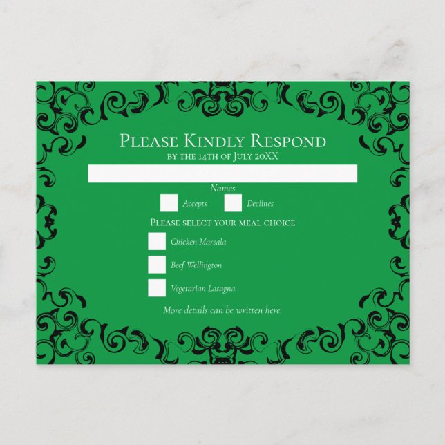 Postal Festiva Boda gótico de Swirl verde y negro (Anverso)