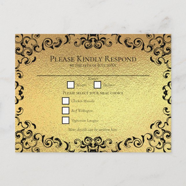 Postal Festiva Boda gótico Gold & Black Swirl (Anverso)