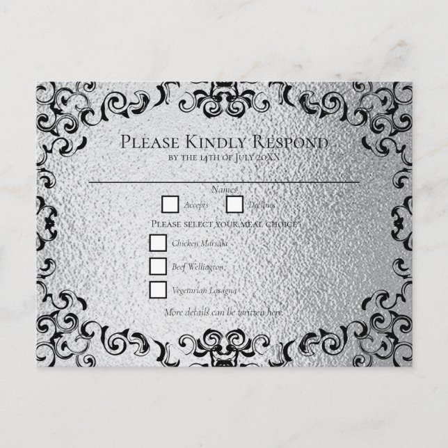 Postal Festiva Boda gótico Silver y Black Swirl (Anverso)