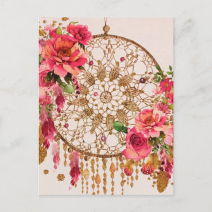 Postal Festiva Boho Dreamcatcher Pink Gold Floral acuarela