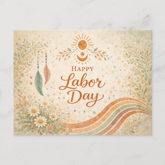 Postal Festiva Boho Sun Wildflowers Happy Labor Day (Anverso)
